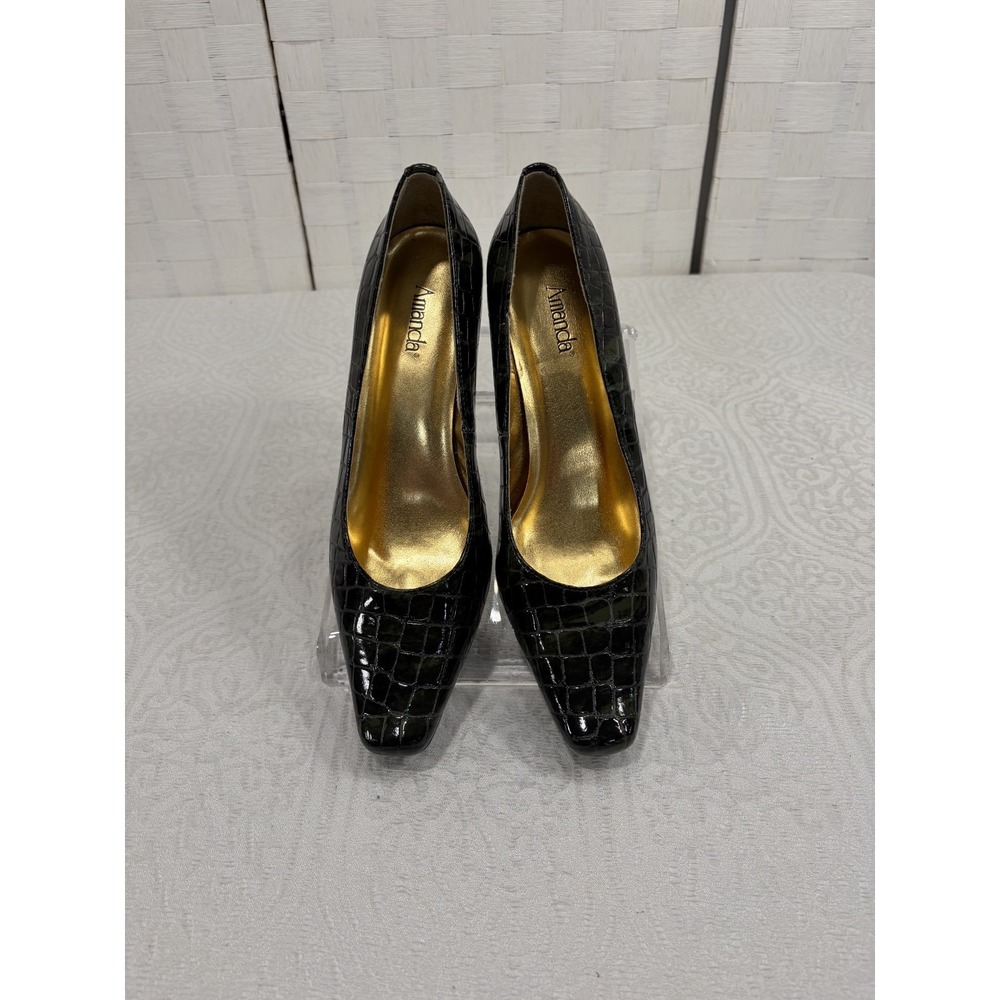 Amanda green crocodile embossed slip on heels glossy finish square toe womens 9